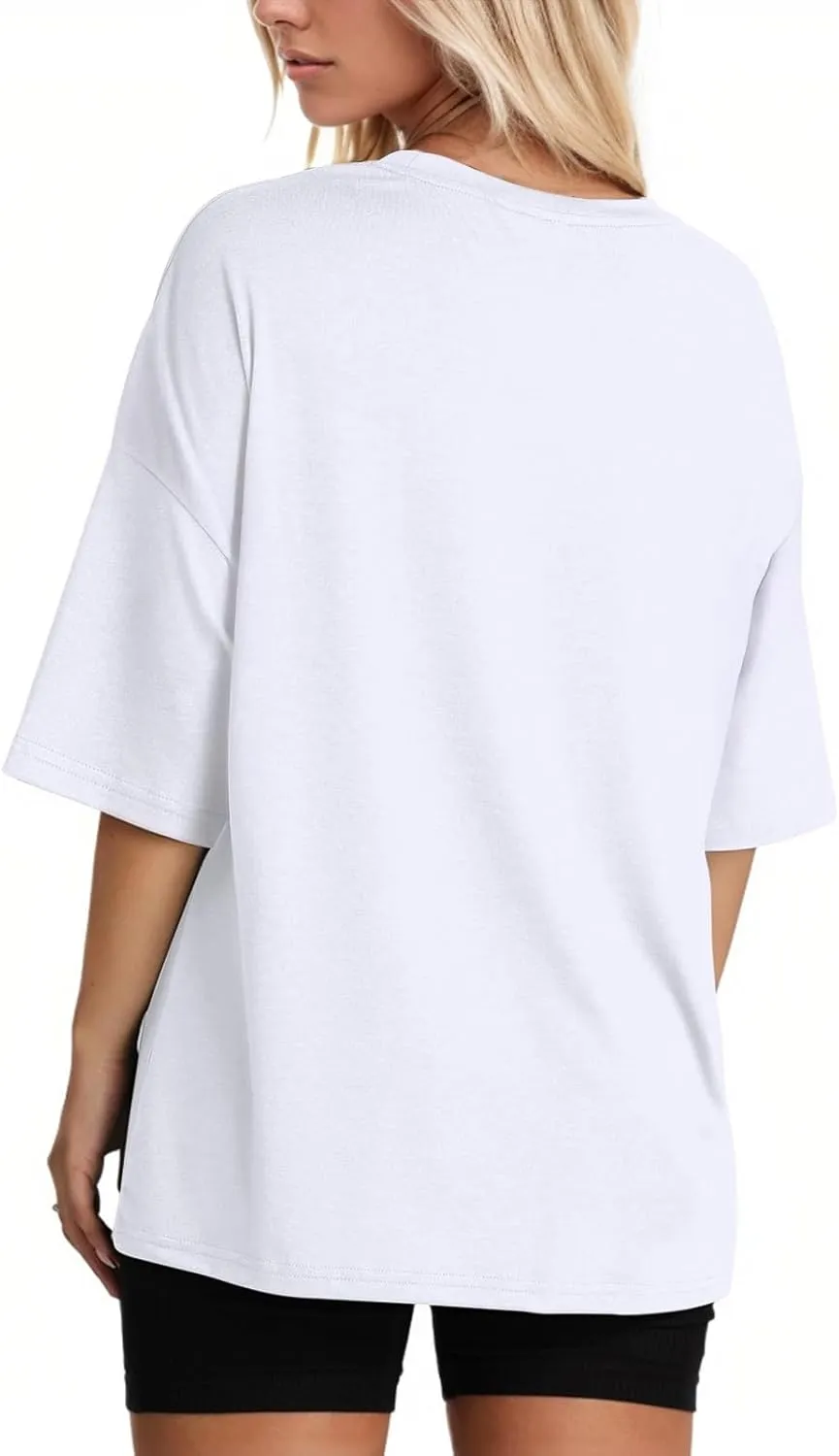 KEEVICI Oversized Workout T Shirts for Women Plain Baggy Tees Solid Tshirts Cotton Loose Fit Drop Shoulder Half Sleeve Tops