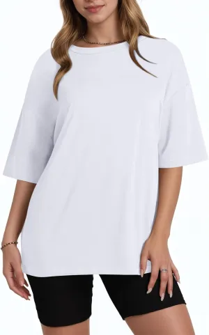 KEEVICI Oversized Workout T Shirts for Women Plain Baggy Tees Solid Tshirts Cotton Loose Fit Drop Shoulder Half Sleeve Tops