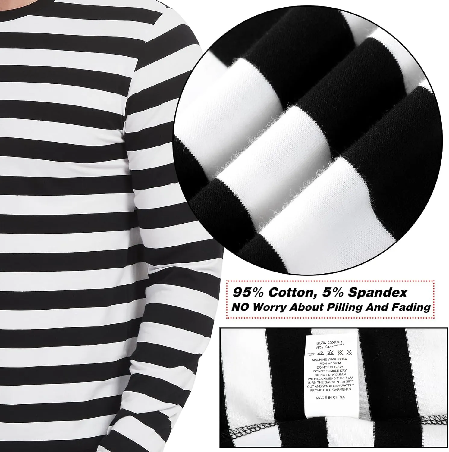 LEDING Mens Shirt Striped Black White Cotton Spandex Crewneck Long Sleeve Basic Pullover Stripe Casual Crew Tee Shirt