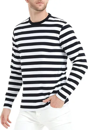LEDING Mens Shirt Striped Black White Cotton Spandex Crewneck Long Sleeve Basic Pullover Stripe Casual Crew Tee Shirt