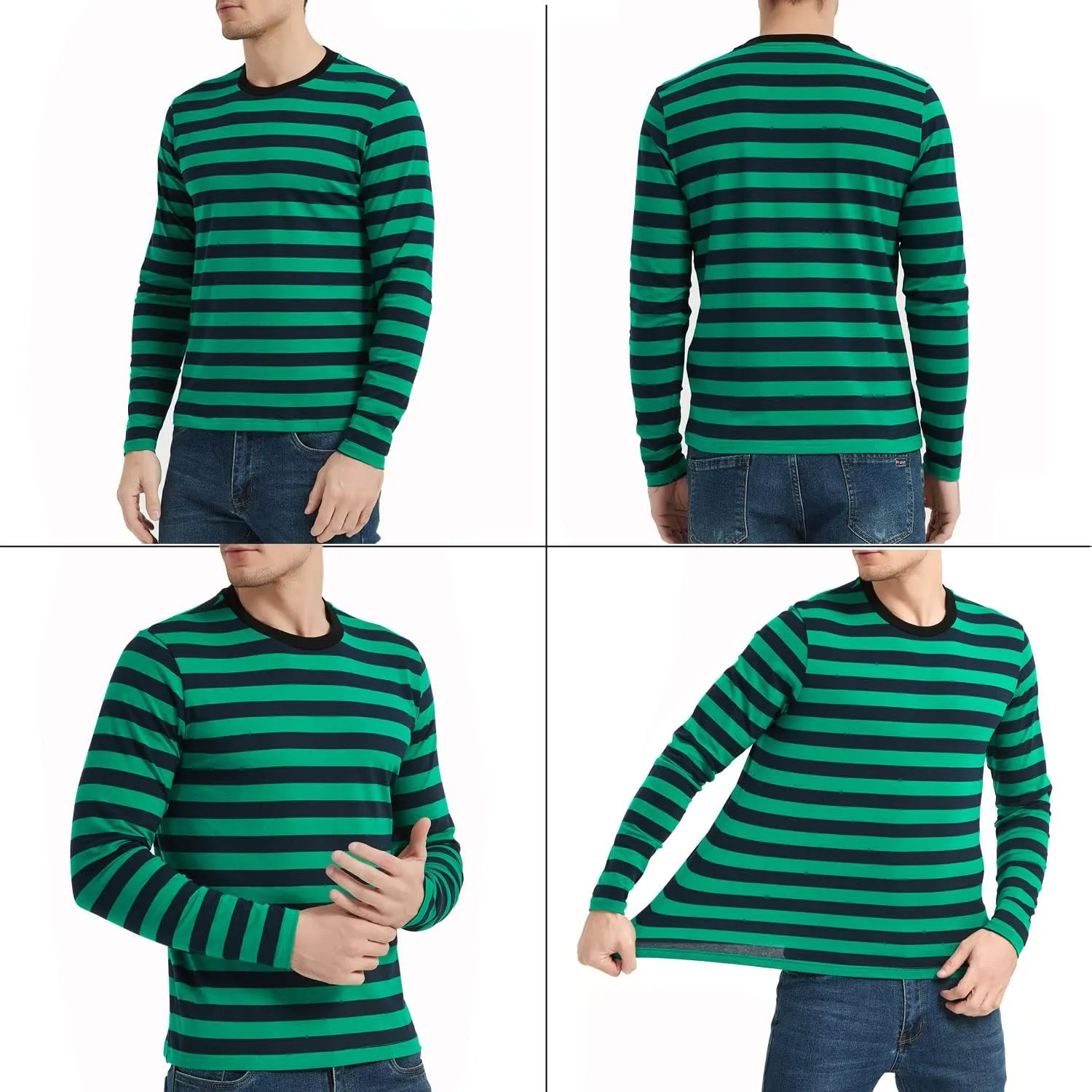 LEDING Mens Shirt Striped Black White Cotton Spandex Crewneck Long Sleeve Basic Pullover Stripe Casual Crew Tee Shirt