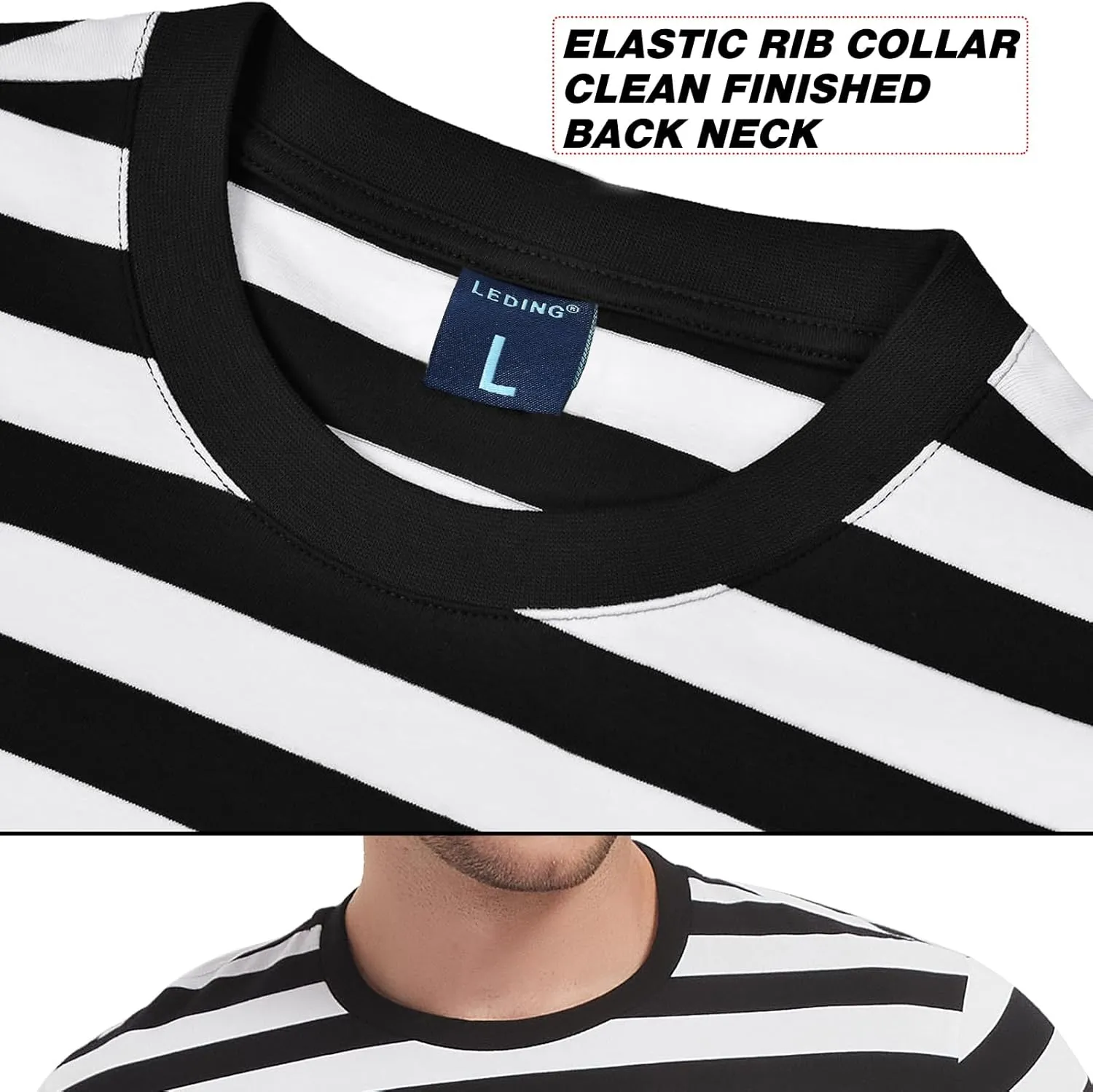 LEDING Mens Shirt Striped Black White Cotton Spandex Crewneck Long Sleeve Basic Pullover Stripe Casual Crew Tee Shirt