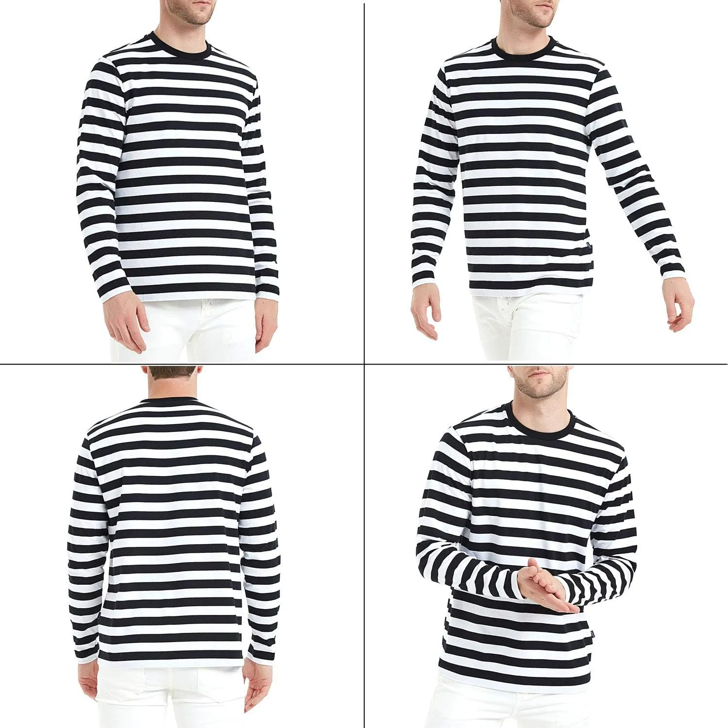 LEDING Mens Shirt Striped Black White Cotton Spandex Crewneck Long Sleeve Basic Pullover Stripe Casual Crew Tee Shirt