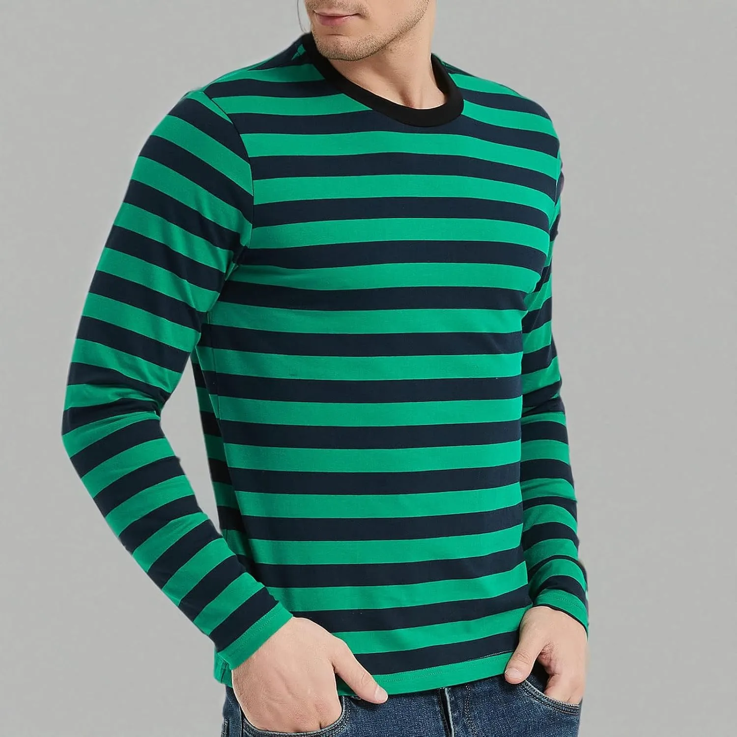 LEDING Mens Shirt Striped Black White Cotton Spandex Crewneck Long Sleeve Basic Pullover Stripe Casual Crew Tee Shirt