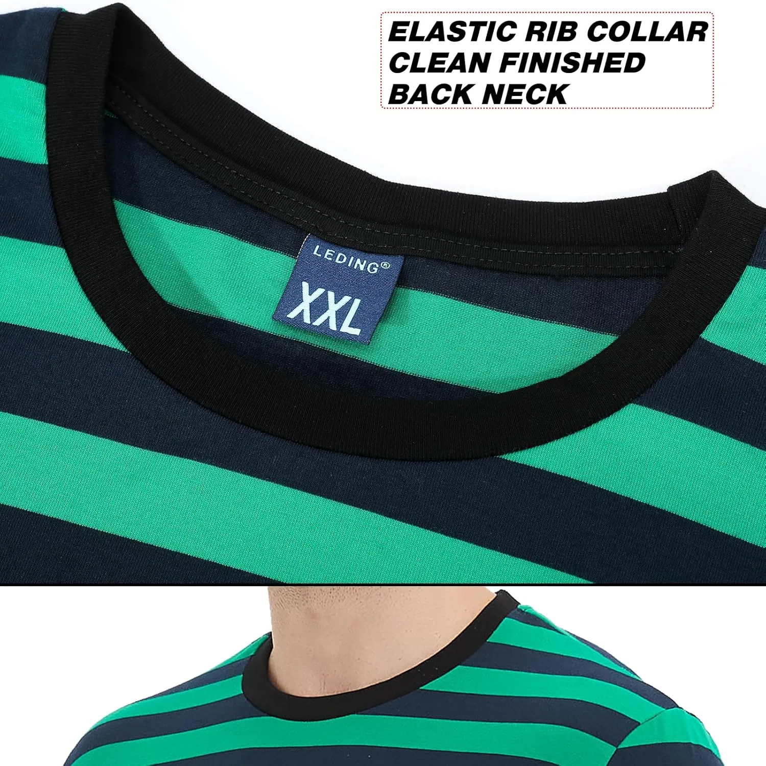 LEDING Mens Shirt Striped Black White Cotton Spandex Crewneck Long Sleeve Basic Pullover Stripe Casual Crew Tee Shirt