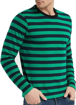 LEDING Mens Shirt Striped Black White Cotton Spandex Crewneck Long Sleeve Basic Pullover Stripe Casual Crew Tee Shirt