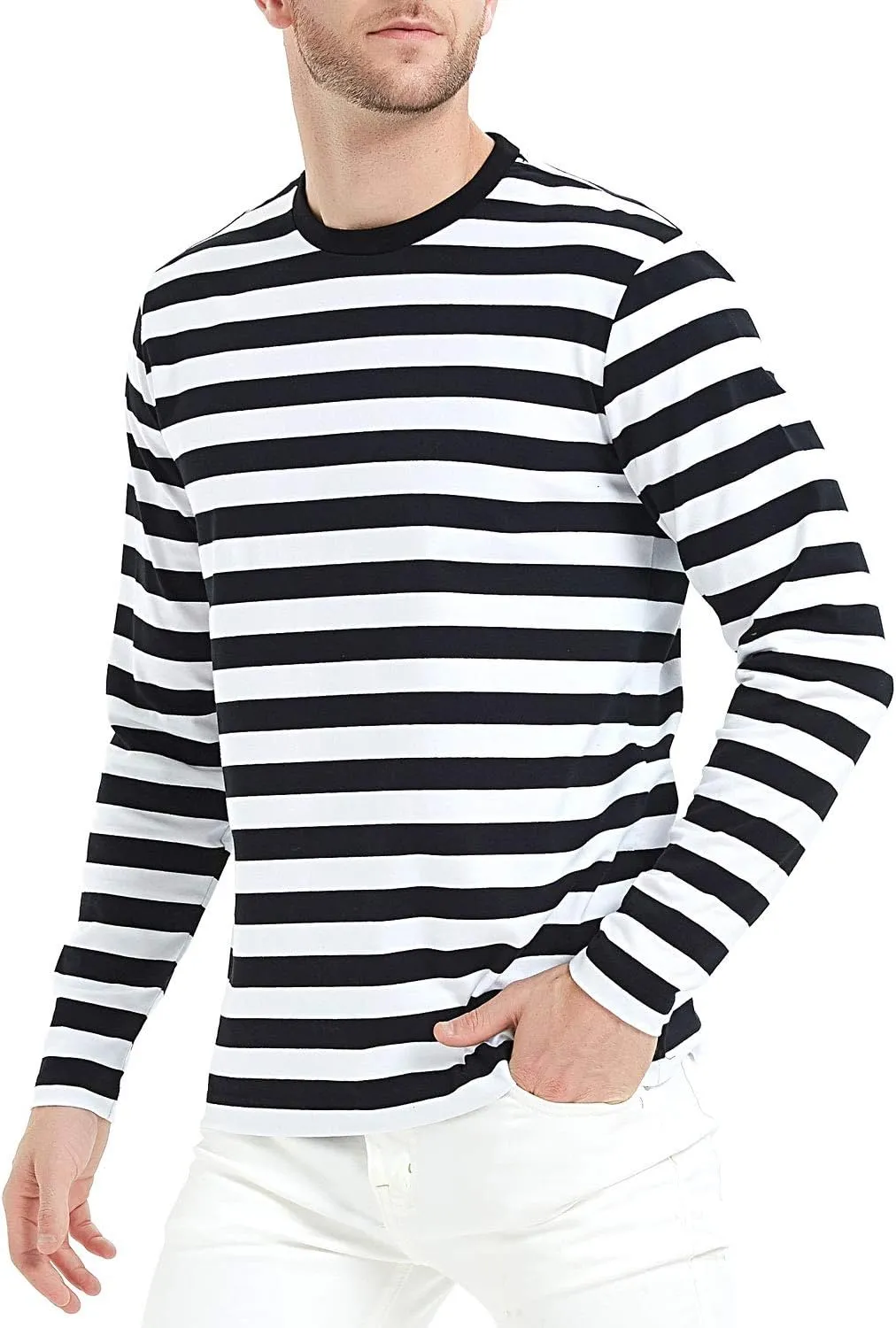 LEDING Mens Shirt Striped Black White Cotton Spandex Crewneck Long Sleeve Basic Pullover Stripe Casual Crew Tee Shirt