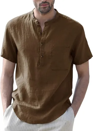 Linen Henley Shirts for Men Casual Short Sleeve Crewneck Summer Vocation Beach Shirts with Pocket Trendy Resort Wear