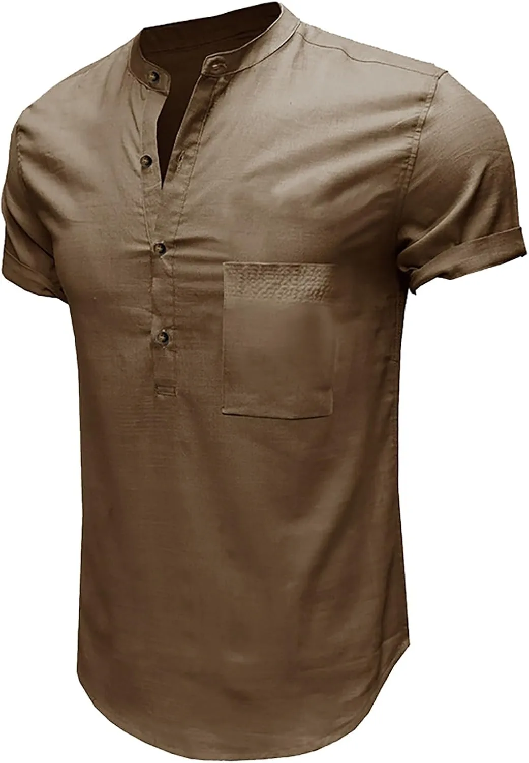 Linen Henley Shirts for Men Casual Short Sleeve Crewneck Summer Vocation Beach Shirts with Pocket Trendy Resort Wear