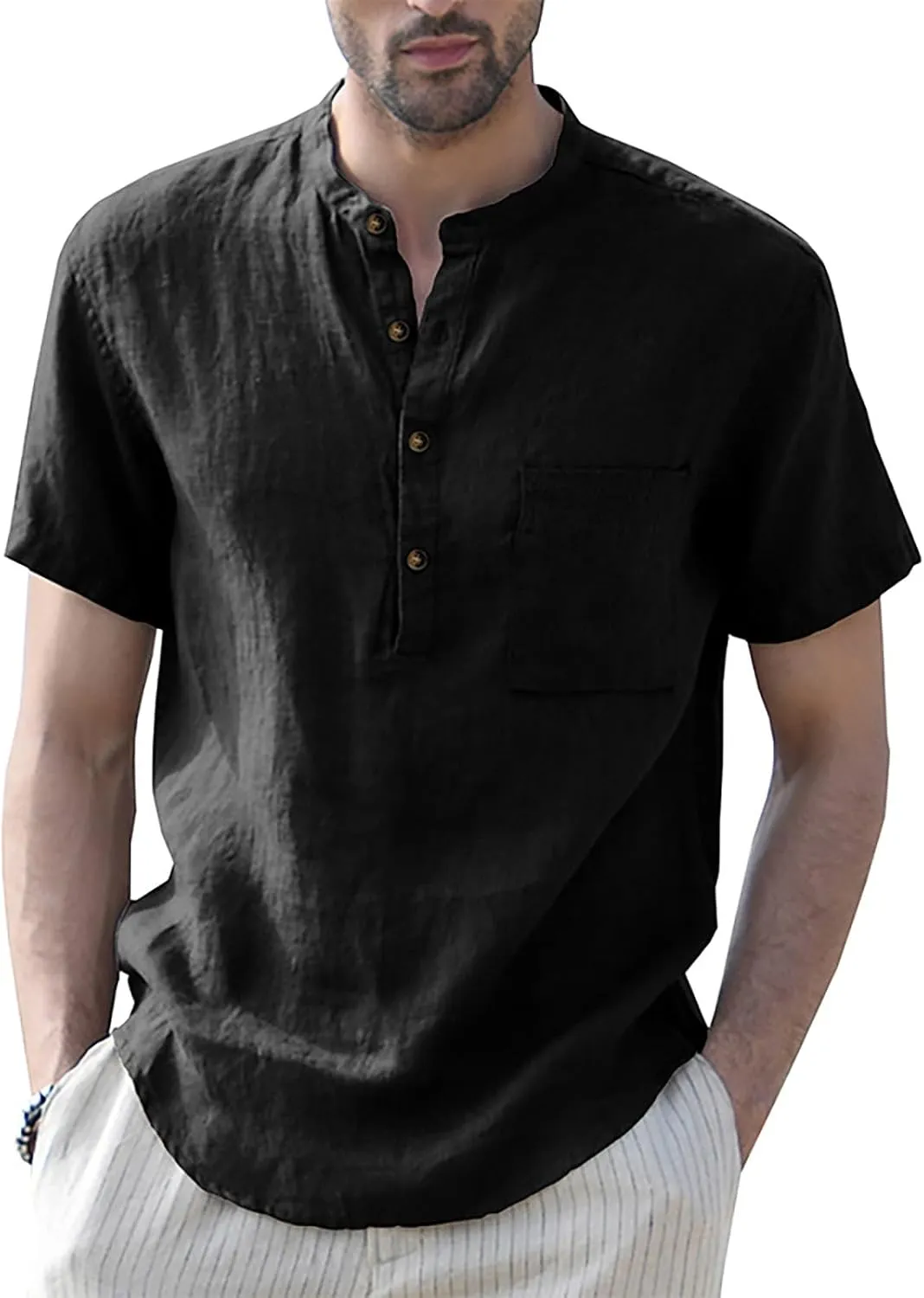 Linen Henley Shirts for Men Casual Short Sleeve Crewneck Summer Vocation Beach Shirts with Pocket Trendy Resort Wear