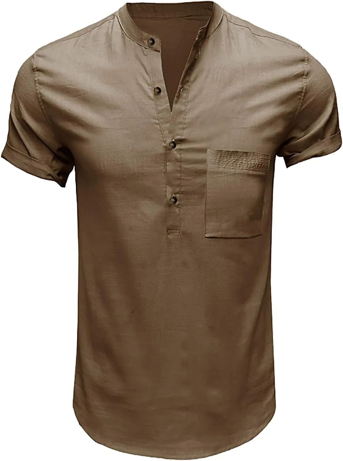 Linen Henley Shirts for Men Casual Short Sleeve Crewneck Summer Vocation Beach Shirts with Pocket Trendy Resort Wear