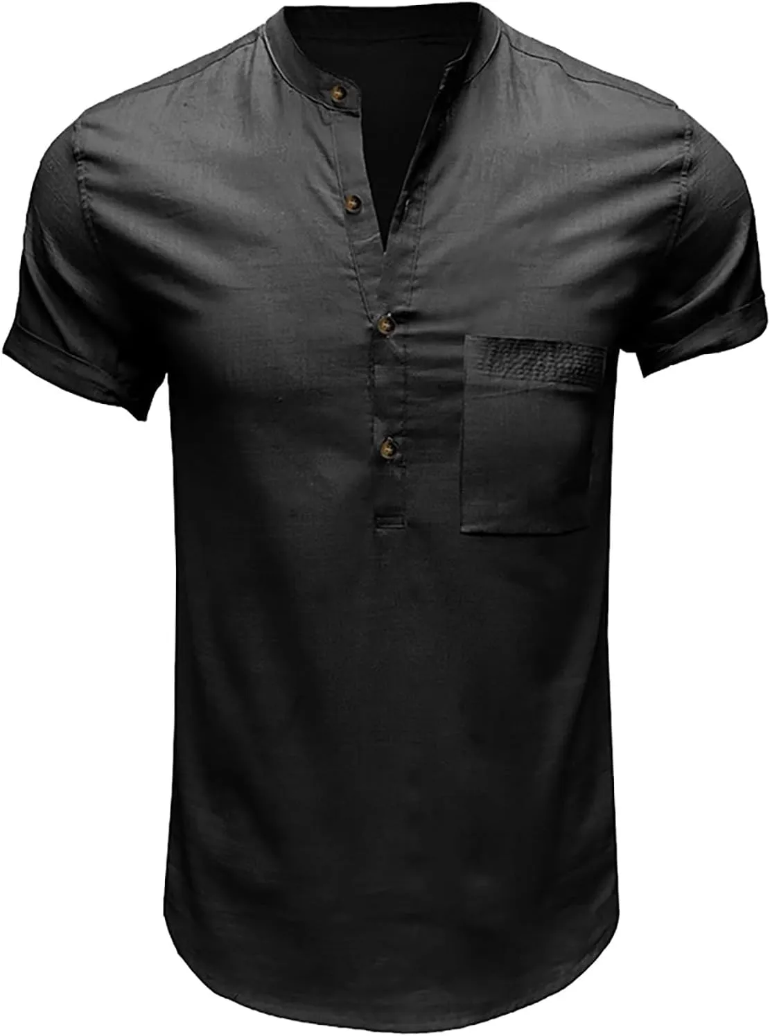 Linen Henley Shirts for Men Casual Short Sleeve Crewneck Summer Vocation Beach Shirts with Pocket Trendy Resort Wear