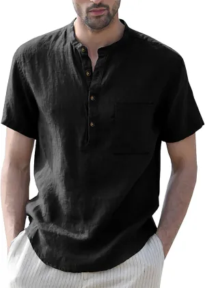 Linen Henley Shirts for Men Casual Short Sleeve Crewneck Summer Vocation Beach Shirts with Pocket Trendy Resort Wear