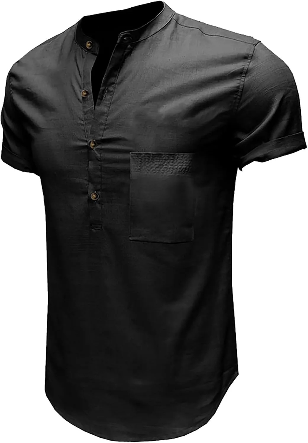 Linen Henley Shirts for Men Casual Short Sleeve Crewneck Summer Vocation Beach Shirts with Pocket Trendy Resort Wear