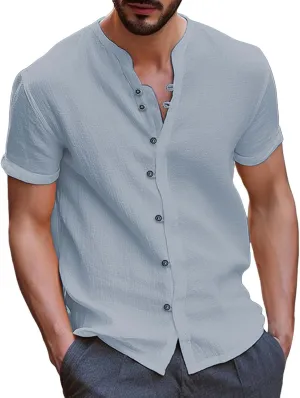 Linen Shirts for Men Trendy Short Sleeve Crewneck Button Down Shirt Vintage Solid Color Breathable Casual Beach Tops