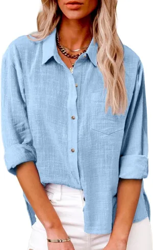 Linen Shirts for Women Button Down Plain T-Shirts Long Sleeve Collared Casual Blouses Dressy Work Tops with Pockets