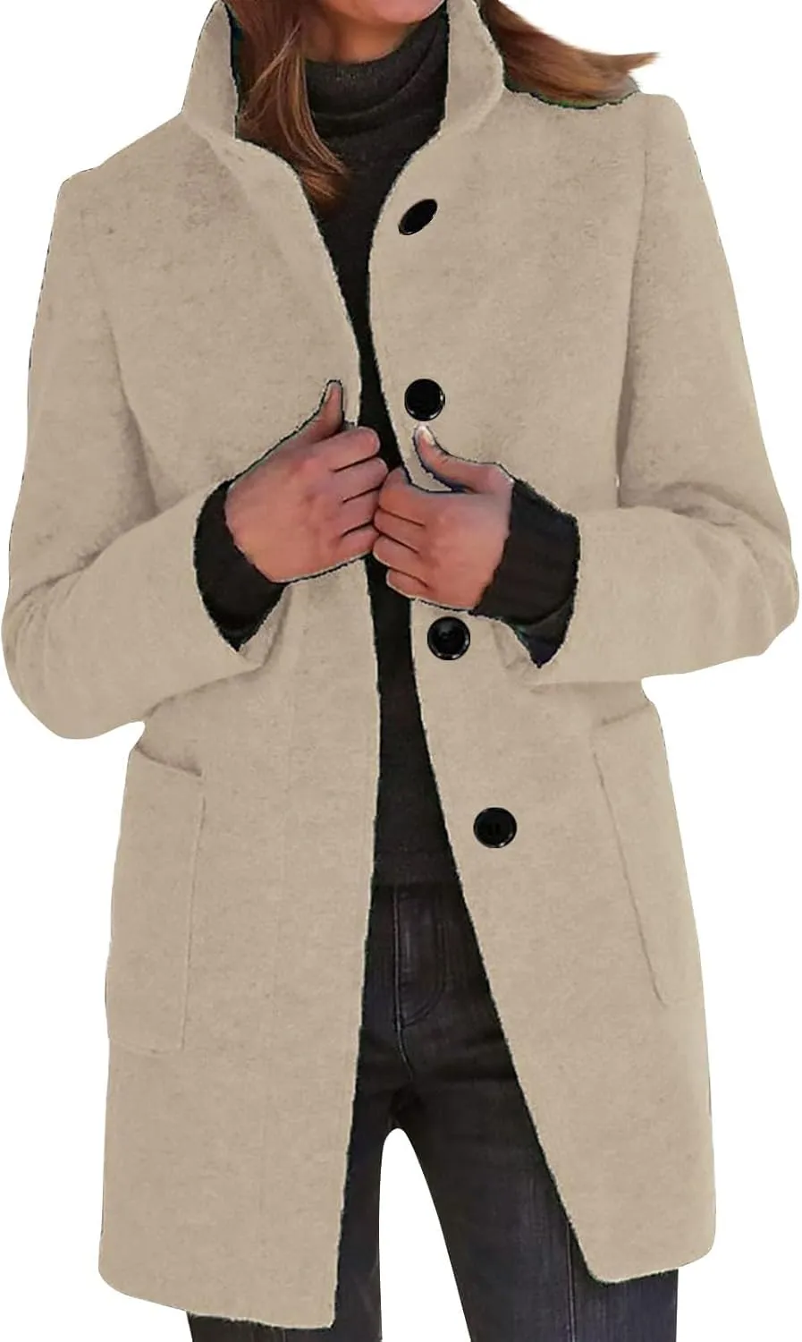 Long Pea Coats for Women Stand Collar Single Breasted Wool Coats Wool Blend Peacoat Winter Casual Overcoat Jacket