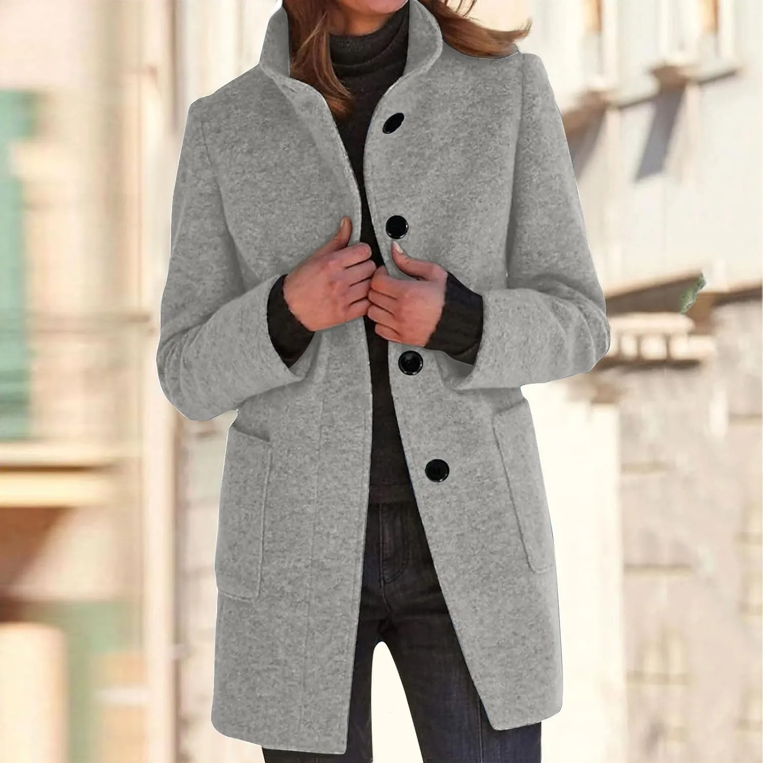 Long Pea Coats for Women Stand Collar Single Breasted Wool Coats Wool Blend Peacoat Winter Casual Overcoat Jacket