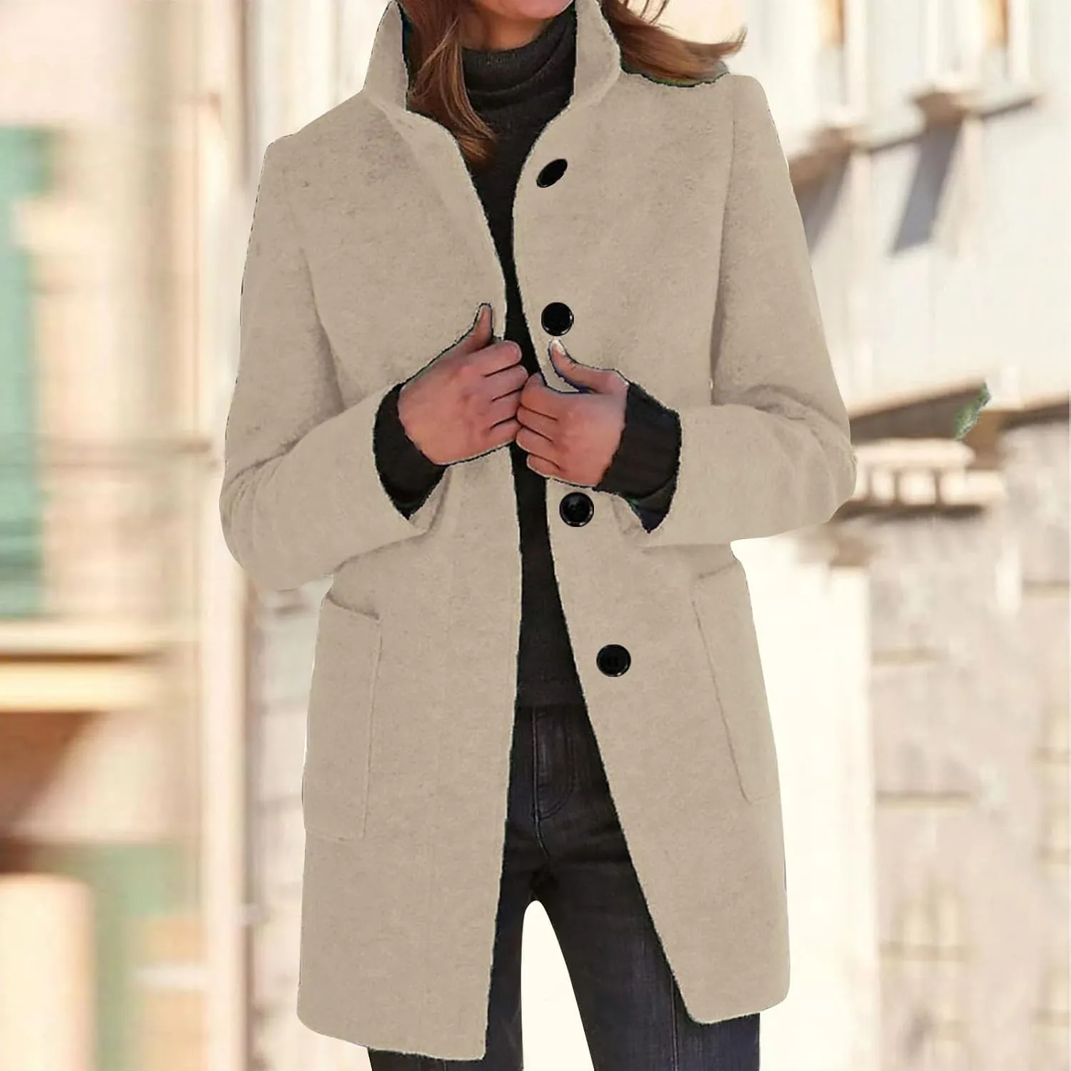 Long Pea Coats for Women Stand Collar Single Breasted Wool Coats Wool Blend Peacoat Winter Casual Overcoat Jacket