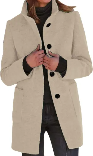 Long Pea Coats for Women Stand Collar Single Breasted Wool Coats Wool Blend Peacoat Winter Casual Overcoat Jacket