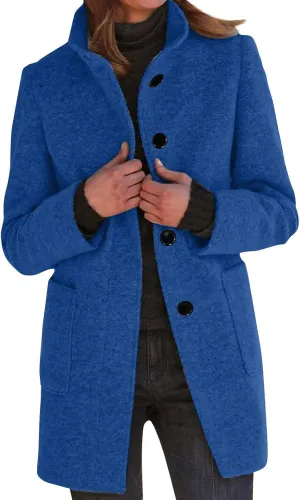 Long Pea Coats for Women Stand Collar Single Breasted Wool Coats Wool Blend Peacoat Winter Casual Overcoat Jacket