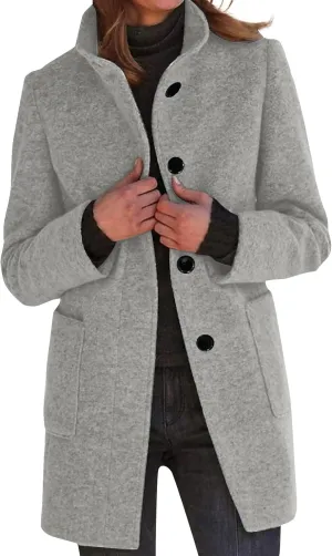 Long Pea Coats for Women Stand Collar Single Breasted Wool Coats Wool Blend Peacoat Winter Casual Overcoat Jacket
