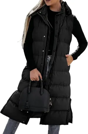 Long Puffer Vest for Women Puffy Zipper Plus Size Down Sleeveless Jacket Oversized Winter Warm Coat
