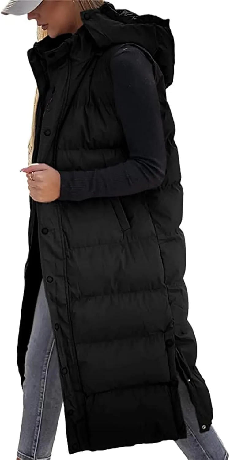 Long Puffer Vest for Women Puffy Zipper Plus Size Down Sleeveless Jacket Oversized Winter Warm Coat