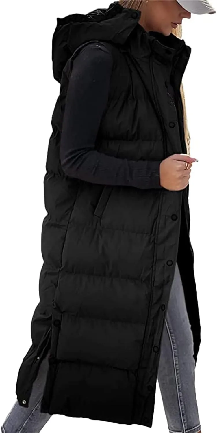 Long Puffer Vest for Women Puffy Zipper Plus Size Down Sleeveless Jacket Oversized Winter Warm Coat