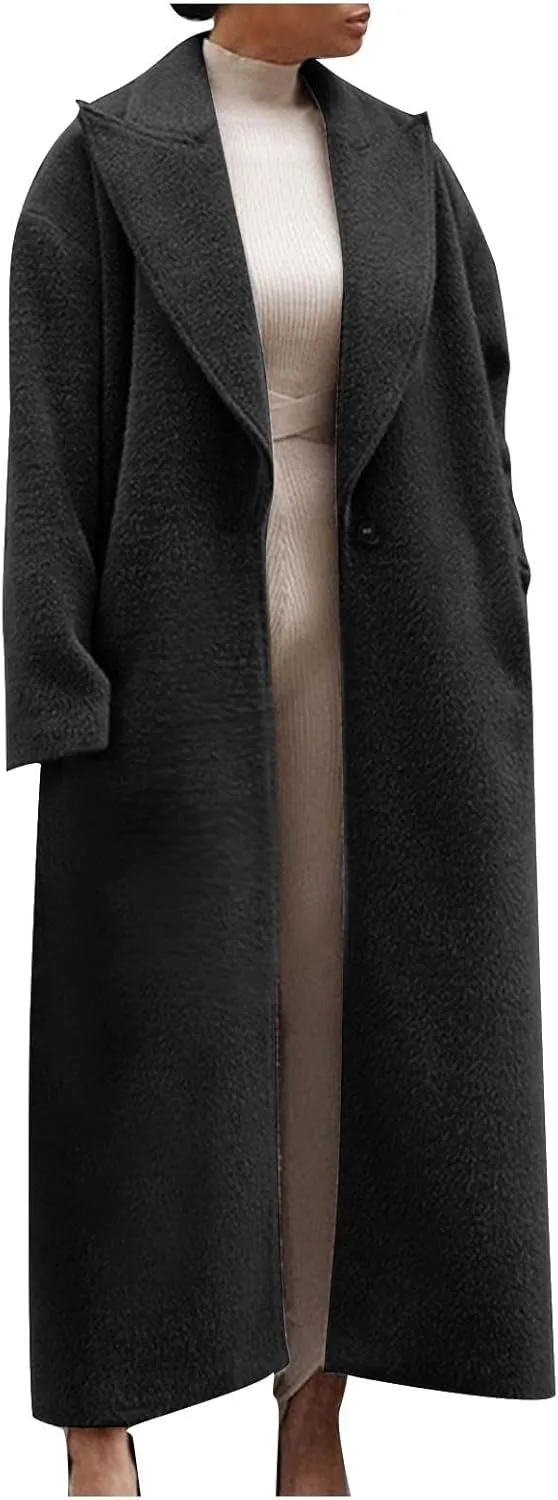 Long Trench Coat for Women Elegant Single Breasted Pea Coat Winter Warm Wool Blend Oversized Pea Coat with Pockets