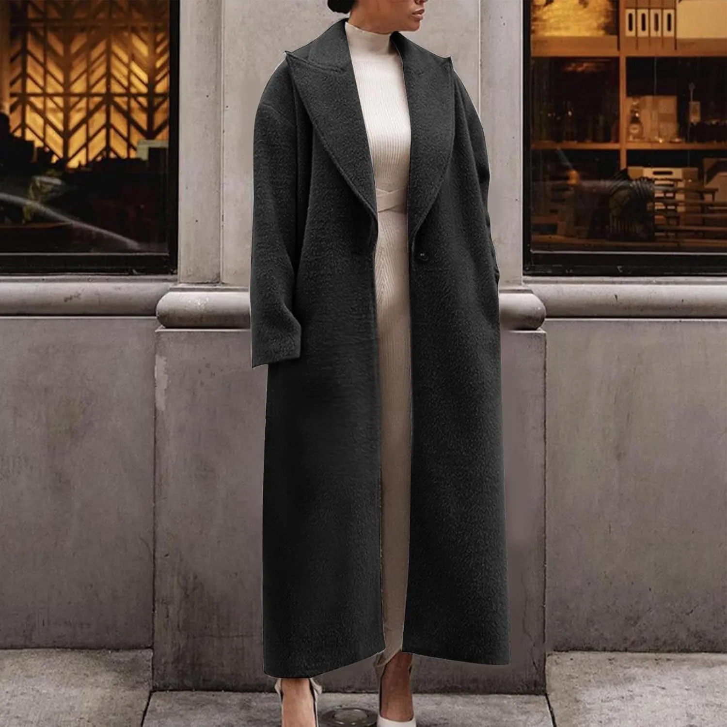 Long Trench Coat for Women Elegant Single Breasted Pea Coat Winter Warm Wool Blend Oversized Pea Coat with Pockets