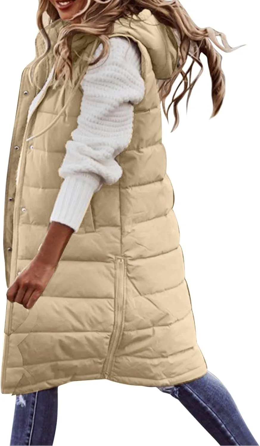 Long Winter Coats for Women Fashion Sleeveless Hooded Puffer Jacket Vest Casual Going Out Zip Up Outwear with Pocket