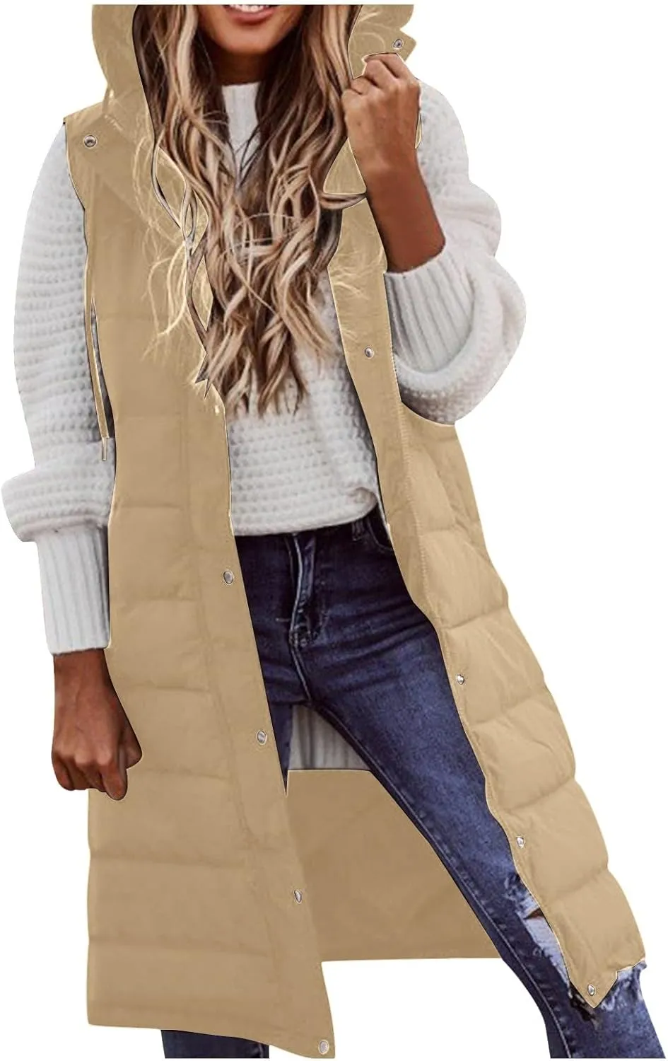 Long Winter Coats for Women Fashion Sleeveless Hooded Puffer Jacket Vest Casual Going Out Zip Up Outwear with Pocket