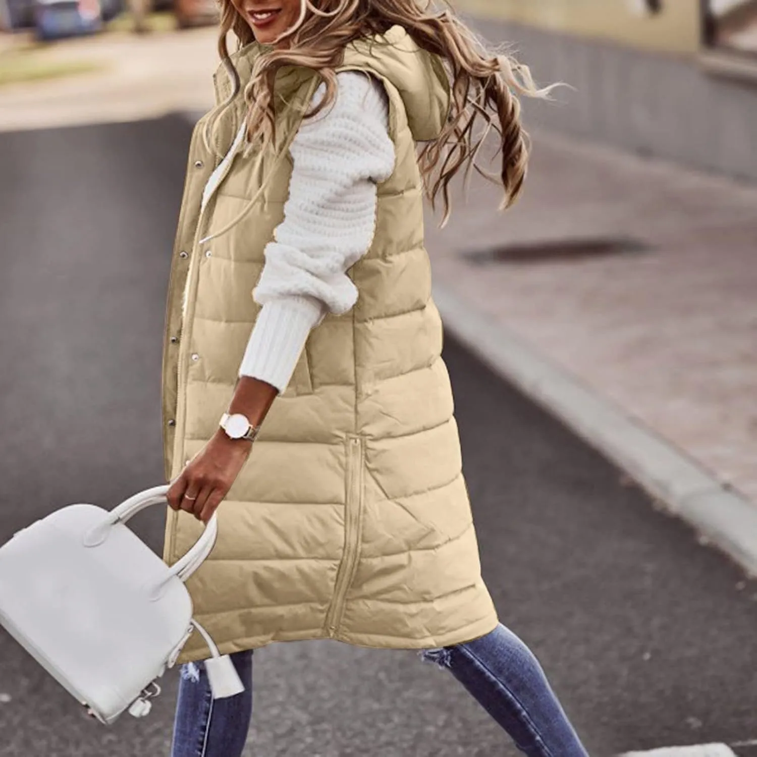 Long Winter Coats for Women Fashion Sleeveless Hooded Puffer Jacket Vest Casual Going Out Zip Up Outwear with Pocket