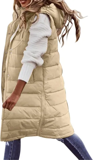 Long Winter Coats for Women Fashion Sleeveless Hooded Puffer Jacket Vest Casual Going Out Zip Up Outwear with Pocket
