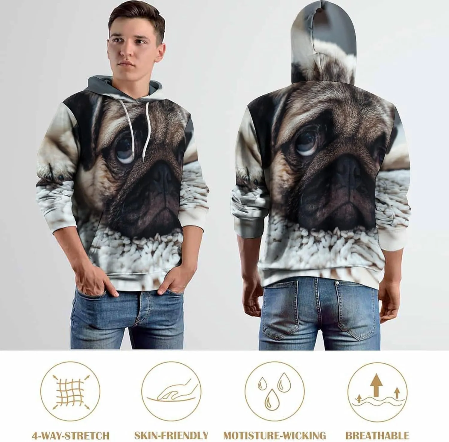 MENRIAOV Pug Dog on The Floor Mens Womens Novelty Hoodies with Pocket 3D Printed Hoodies Sweatshirt