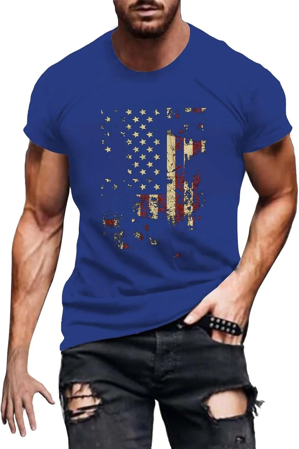 Mens American Flag Shirt Retro USA Patriotic 4th of July T-Shirts Casual Crewneck Short Sleeve Star Stripes Tee Shirts
