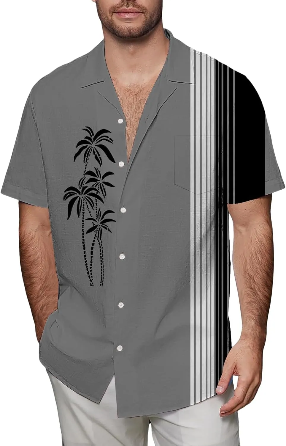 Men's Bowling Shirts Short Sleeve Button Down Dress Top Stylish Thin Breathable Summer Palm Print Beach Hippie Shirts