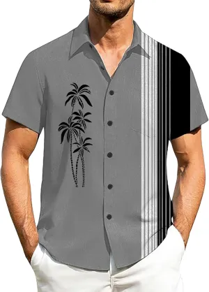 Men's Bowling Shirts Short Sleeve Button Down Dress Top Stylish Thin Breathable Summer Palm Print Beach Hippie Shirts
