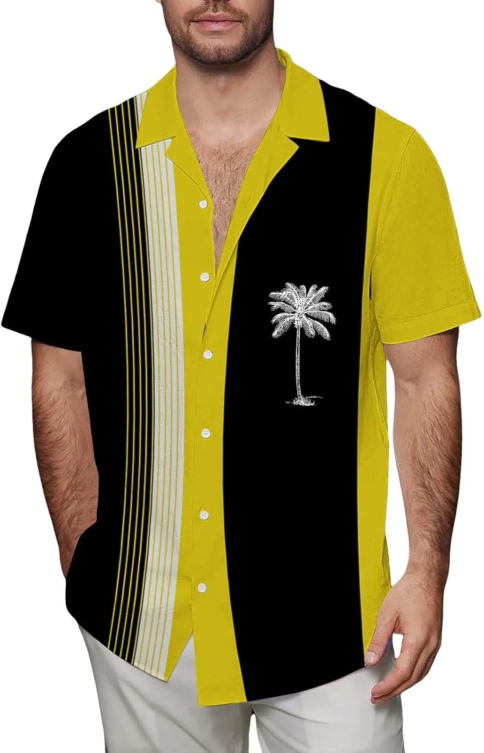 Men's Bowling Shirts Trendy Tropical Palm Hawaiian Beach Aloha Shirt Quick Dry Breathable Summer Casual Striped Blouse