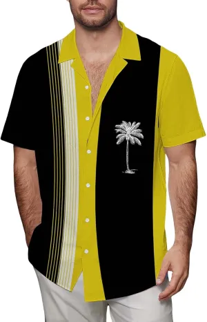 Men's Bowling Shirts Trendy Tropical Palm Hawaiian Beach Aloha Shirt Quick Dry Breathable Summer Casual Striped Blouse