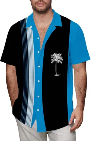 Men's Bowling Shirts Trendy Tropical Palm Hawaiian Beach Aloha Shirt Quick Dry Breathable Summer Casual Striped Blouse