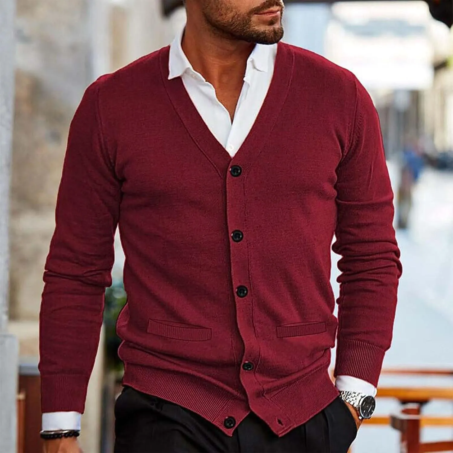 Mens Button Down Knitted Cardigan Sweaters V Neck Long Sleeve Slim Fit Casual Ribbed Knit Textured Sweater S-XXL