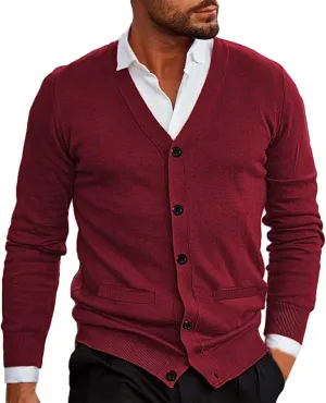 Mens Button Down Knitted Cardigan Sweaters V Neck Long Sleeve Slim Fit Casual Ribbed Knit Textured Sweater S-XXL