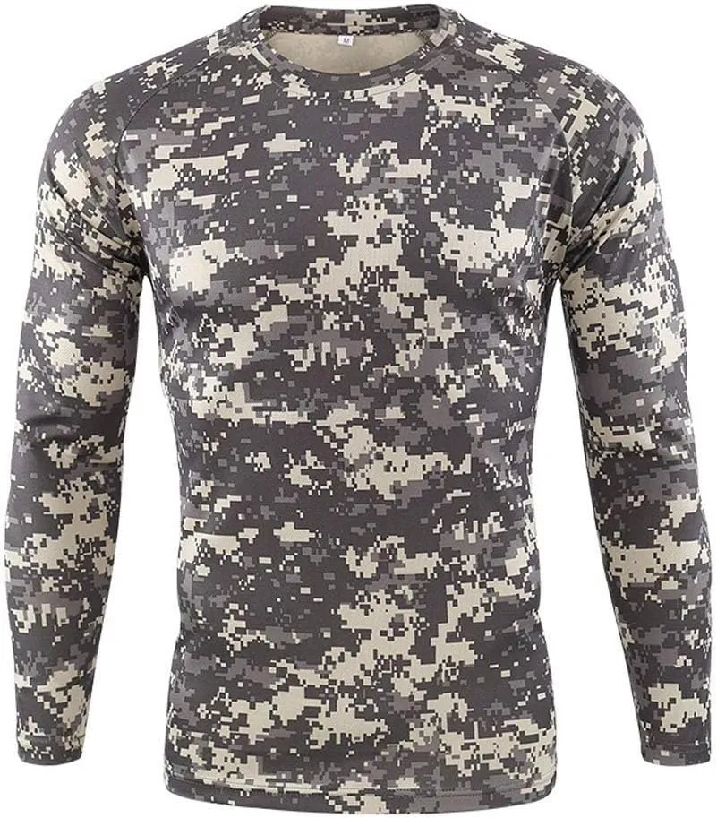 Men's Camo T Shirts Casual Long Sleeve Crew Neck Compression Shirt Outdoor Hunting T-Shirt Gym Athletic Running Tops