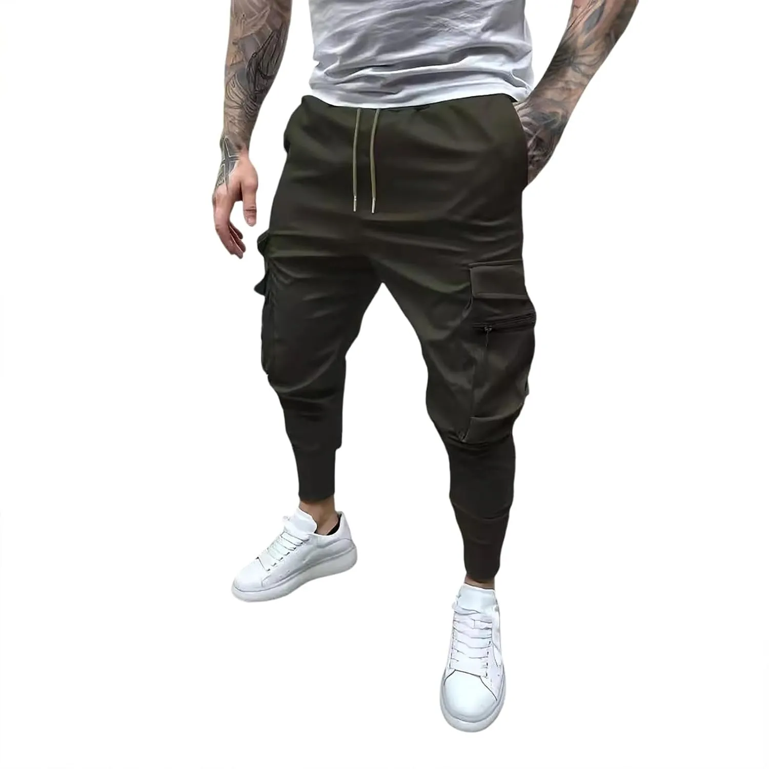 Men's Cargo Jogger Pants Stretch Sweatpants Slim Fit Tactical Pants with Zipper Pockets Casual Trousers Men's Casual Slim Fit Pants Skinny Stretch Dress Slacks #22- Green Large