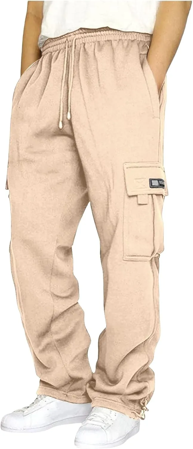 Men's Cargo Sweatpants Casual Drawstring Elastic Waist Pants Open Bottom Athletic Pants Gym Sweatpants with Pockets