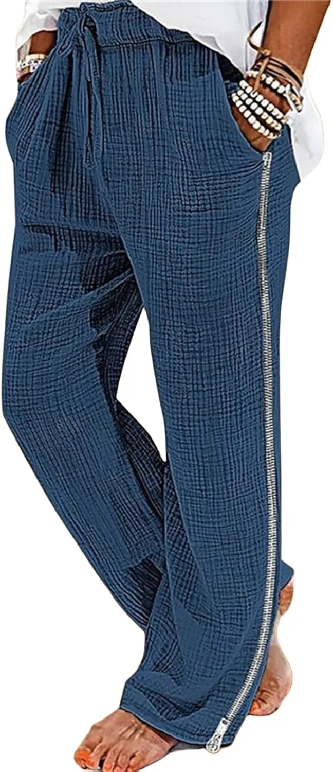 Men's Casual Linen Pants Elastic Waist Drawstring Fit Wide Leg Pants Lightweight Lounge Pants with Pockets