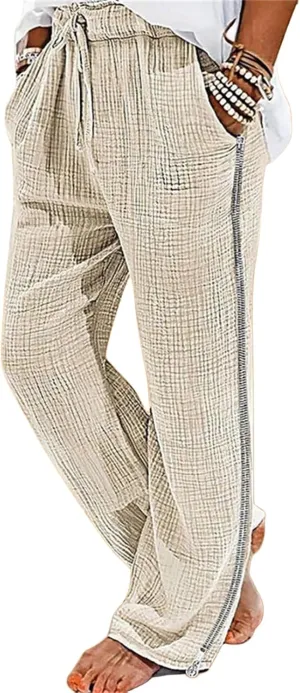 Men's Casual Linen Pants Elastic Waist Drawstring Fit Wide Leg Pants Lightweight Lounge Pants with Pockets