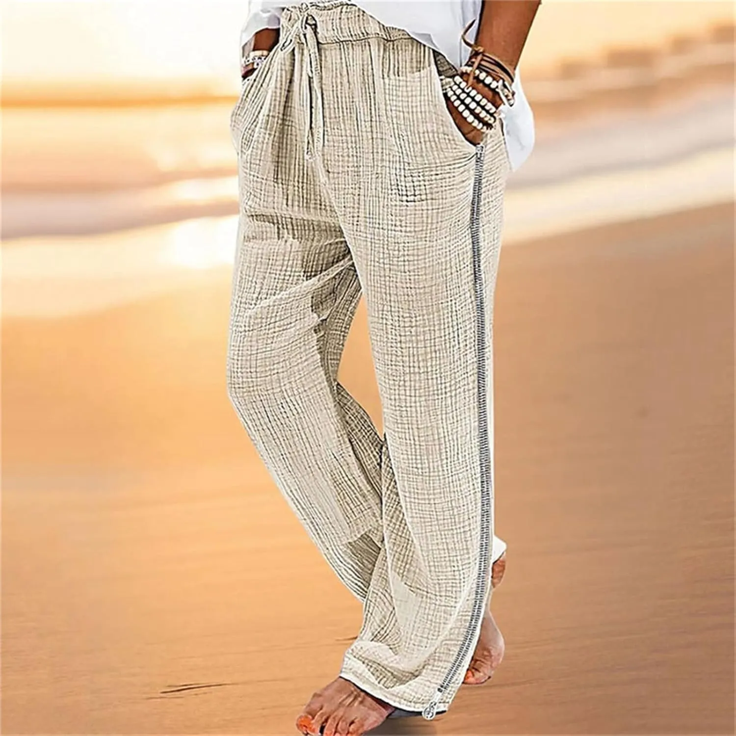 Men's Casual Linen Pants Elastic Waist Drawstring Fit Wide Leg Pants Lightweight Lounge Pants with Pockets